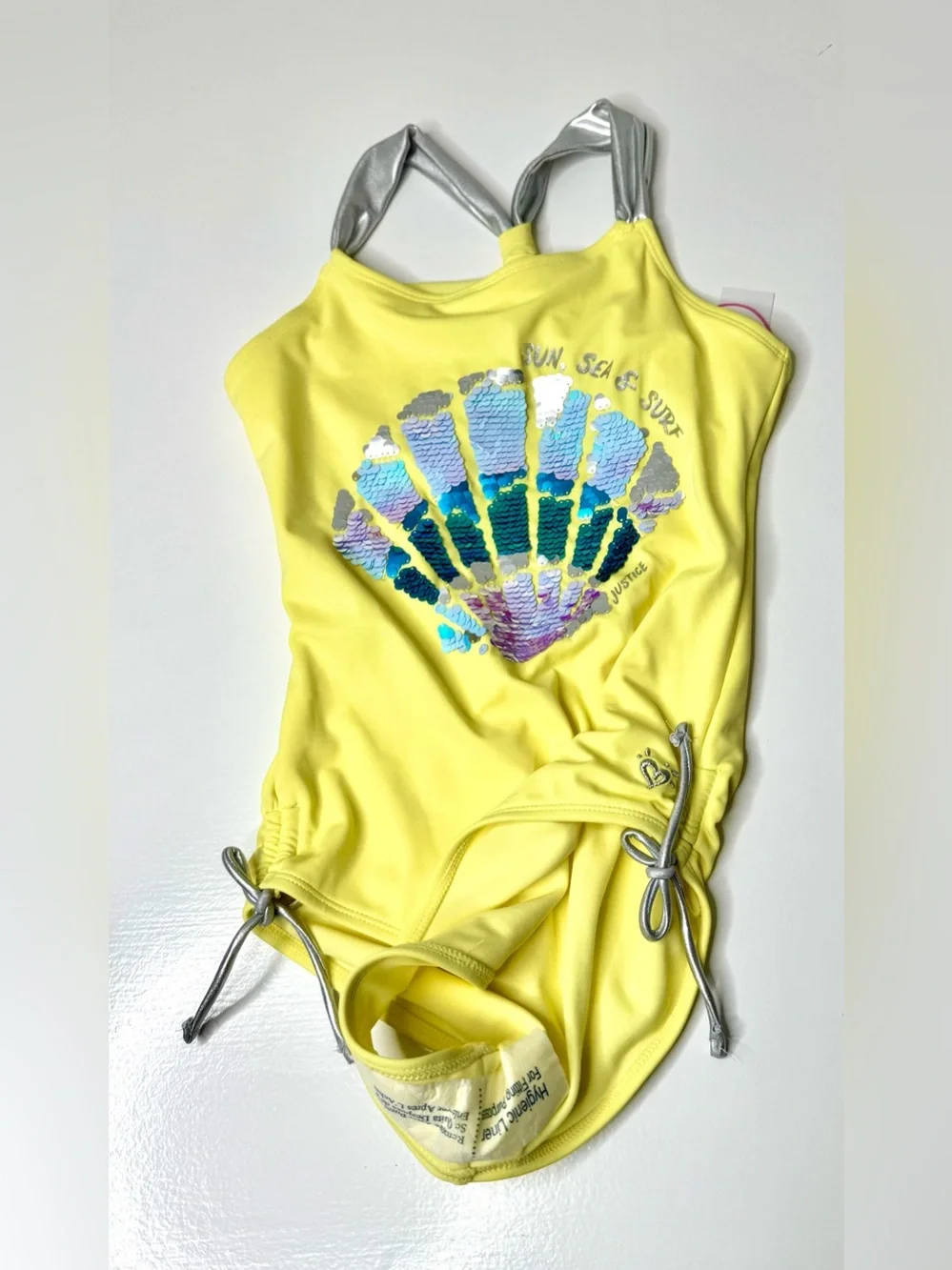 Justice Girls Yellow One-Piece Swimsuit with Silver Shell Accent